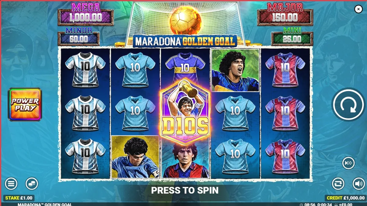 Tela de jogo do slot Maradona Golden Goal com elementos de futebol e jackpots