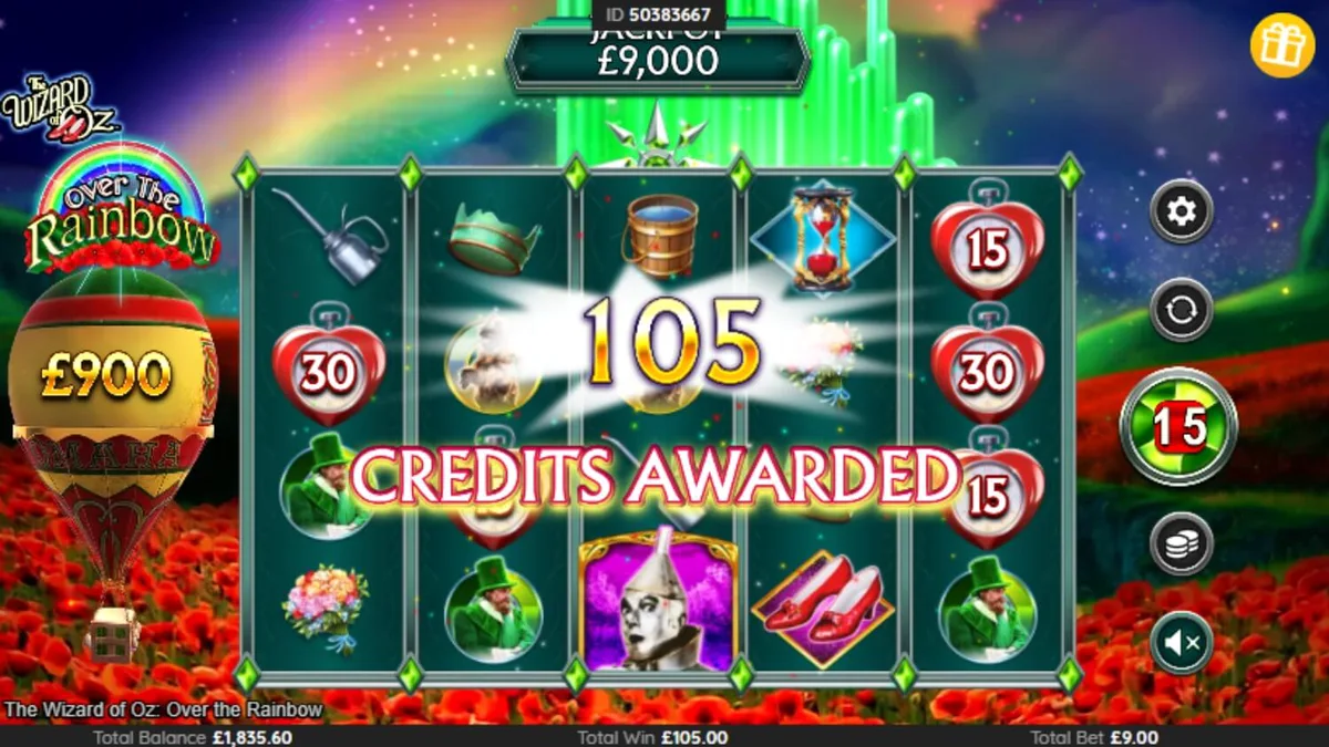 The Wizard of Oz: Over the Rainbow slot interface com elementos mágicos e personagens clássicos
