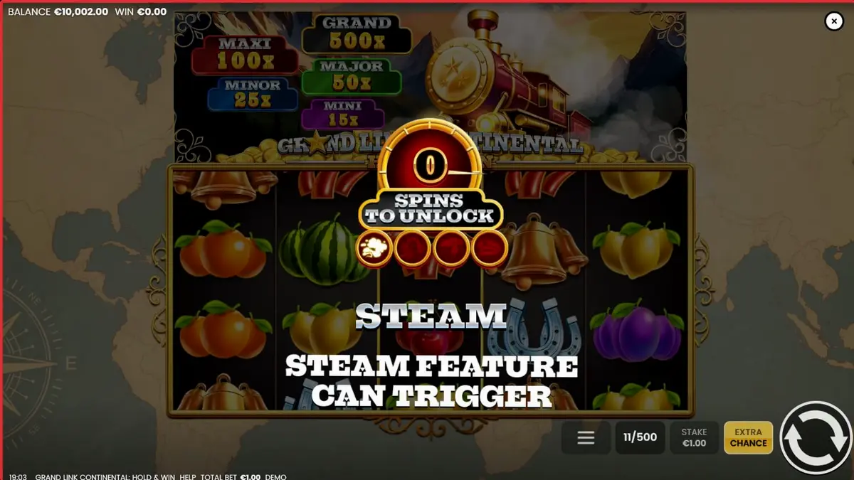 Interface do jogo de slot Grand Link Continental com tema de trem vintage